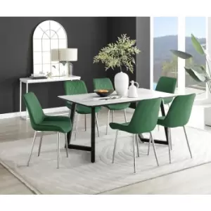 Furniturebox UK - Furniturebox Carson White Marble Effect Rectangular 160cm Dining Table & 6 Green Pesaro Silver Leg Velvet Chairs