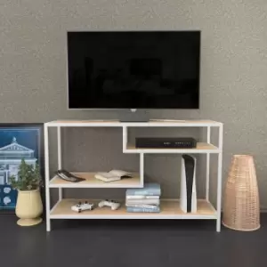 Decorotika - Robins 120 Cm Wide industrial tv Stand, tv Console, tv Unit With Open Shelves Metal For Living Room, Hallway- White And Oak Colour