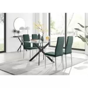 Furniturebox UK - Furniturebox Leonardo 4 Black Leg Glass Dining Table and 4 Green Milan Velvet Dining Chairs Diamond Stitch Modern Contemporary