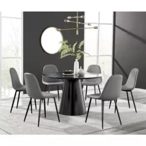 Furniturebox Palma Black Semi Gloss 120cm Round Minimalist Dining Table & 6 Grey Corona Faux Leather Dining Chairs with Black Legs Diamond Stitch