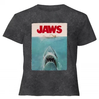 Jaws Classic Poster - Womens Cropped T-Shirt - Black Acid Wash - M - Black Acid Wash