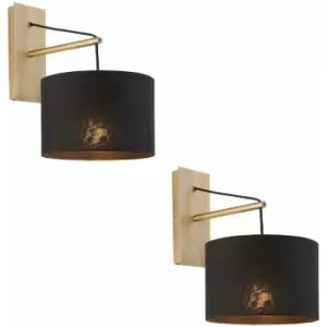 2 pack Matt Brass Wall Light & Black Cotton Fabric Shade - Hanging Wall Fitting