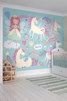 Princess Unicorn Blue Matt Smooth Paste the Wall Mural 350cm wide x 280cm high