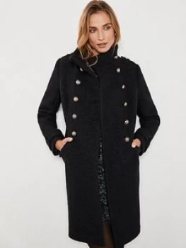 Mint Velvet Military Stand Collar Boucle Coat - Black