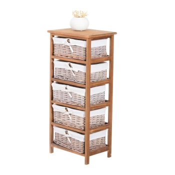 HOMCOM 5 Drawer Dresser Wicker Basket Storage Shelf Unit Wooden Frame Home Organisation Cabinet Bedroom Office Furniture Natural Finish AOSOM UK