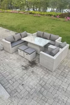 Fimous 8 Seater Outdoor Light Grey Rattan Lounge Complete Sofa Set with Adjustable Table and 2 Stools