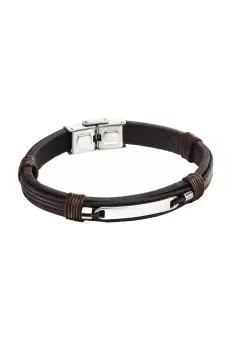 Steel ID Bar Black Leather & Brown Cord Bracelet 23cm