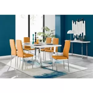 Kylo White High Gloss Dining Table & 6 Mustard Milan Chrome Leg Chairs - Mustard Yellow