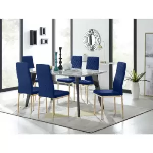 Furniturebox UK - Furniturebox Andria Black Leg Marble Effect Dining Table and 6 Navy Velvet Milan Dining Chairs With Gold Legs