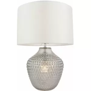 Grey Tinted Faceted Glass Twin Lit Table Lamp Light & Vintage White Fabric Shade