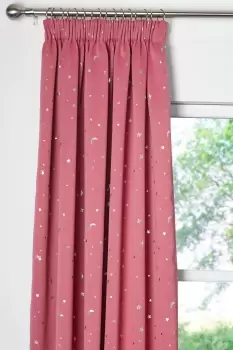 Moon and Stars Lined Thermal Blackout Pencil Pleat Curtains - Size: 66x72" - Pink