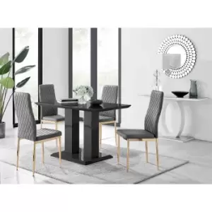 Furniture Box Imperia 4 Black Dining Table and 4 Grey Velvet Milan Gold Leg Chairs