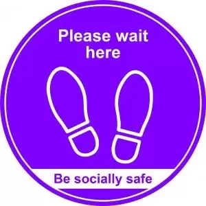 Purple Social Distancing Floor Graphic - Please Wait Here 400mm dia.