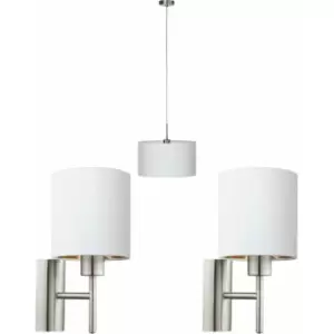 Ceiling Pendant Light & 2x Matching Wall Lights Satin Nickel White Fabric Shade