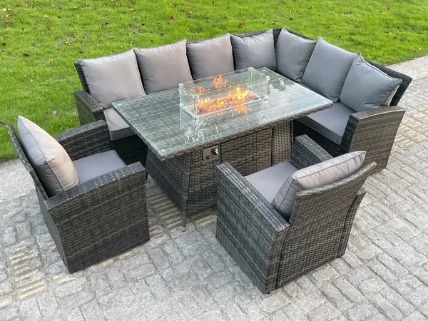 Fimous 8 Seater Outdoor Dark Grey Rattan Lounge Complete Sofa Set with Gas Fire Pit Dining Table