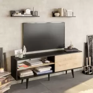 Decorotika Pi 160 Cm Wide TV Stand, TV Unit, TV Cabinet Storage With Open Shelves And Cabinet - Black And Sapphire Oak