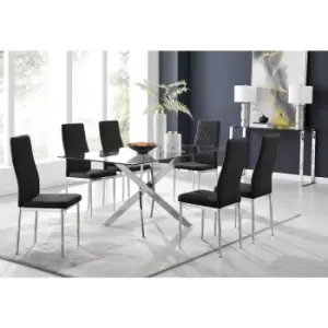 Furniturebox UK - Furniturebox Leonardo 6 Chrome Leg Glass Dining Table and 6 Black Milan Velvet Dining Chairs Diamond Stitch Modern Contemporary