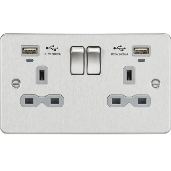 KnightsBridge Flat plate 13A 2G switched socket with USB chargers (2.4A) - Brushed Chrome with grey insert