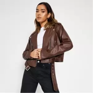 I Saw It First Faux Leather Belted Biker Jacket - Brown