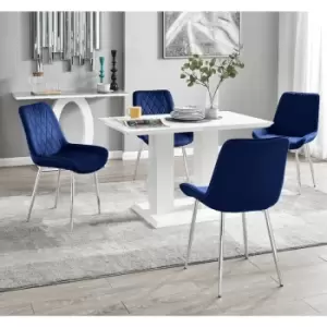 Furniturebox UK - Furniturebox Imperia 4 High Gloss White Modern Dining Table And 4 Navy Pesaro Velvet Dining Chairs With Silver Legs Diamond