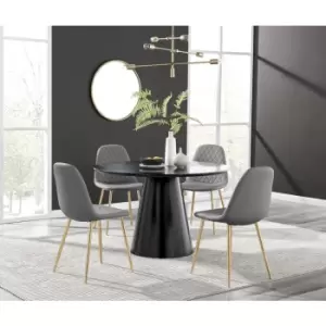 Furniturebox Palma Black Semi Gloss 120cm Round Minimalist Dining Table & 4 Grey Corona Faux Leather Dining Chairs with Gold Legs Diamond Stitch