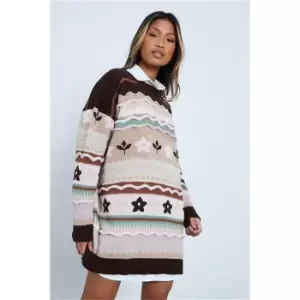 I Saw It First Chocolate Mixed Jacquard Oversized Jumper - Brown