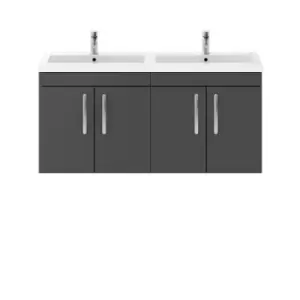 Nuie Athena 1200 Wall Hung 4-door Vanity & Polymarble Double Basin - Gloss Grey