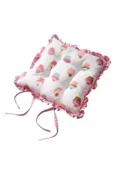 Reversible Pink Frilled Cushion Seat Pad with Ties Cup Cakes