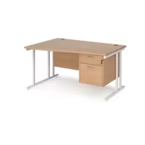 Office Desk Left Hand Wave Desk 1400mm With Pedestal Beech Top With White Frame Maestro 25 MC14WLP2WHB