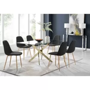 Furniture Box Leonardo 6 Gold Dining Table and 6 Black Corona Gold Leg Chairs