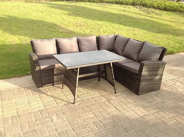 Fimous High Back 6 Seater Outdoor Rattan Corner Sofa Dining Set with Table, Grey Mixed