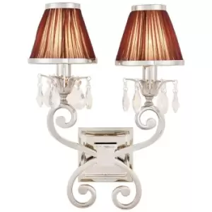 Esher Luxury Twin Curved Arm Traditional Wall Light Nickel Crystal Brown Shade