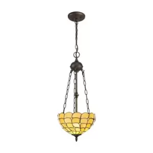 2 Light Uplighter Ceiling Pendant E27 With 30cm Tiffany Shade, Beige, Clear Crystal, Aged Antique Brass - Luminosa Lighting