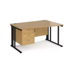 Office Desk Right Hand Wave Desk 1400mm With Pedestal Oak Top With Black Frame Maestro 25 MCM14WRP3KO