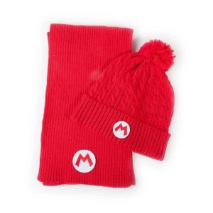 Nintendo - Mario Logo Unisex Bobble Beanie & Ribbed Scarf Gift Set - Red