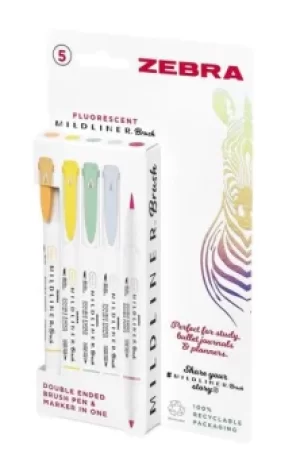 Zebra Mildliner Double Ended Brush Pen Assorted Fluorescent (Pack 5) 2