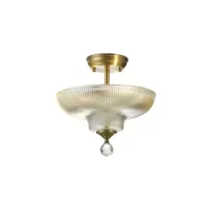 Dresden 2 Light Semi Flush Ceiling Lamp E27 With Round 30cm Glass Shade Antique Brass, Clear