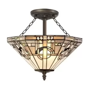 3 Light E27 Semi Flush Ceiling With Tiffany Shade 40cm Shade, White, Grey, Black, Clear Crystal, Aged Antique Brass - Luminosa Lighting