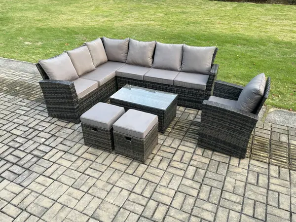 Fimous 7 Seater Outdoor Dark Grey High Back Rattan Lounge Complete Sofa Set with Oblong Coffee Table and 2 Stools