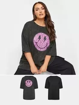 Yours Boxy Tee 2 Pack. Black/acid Smiley, Black, Size 16, Women