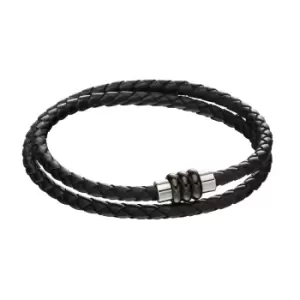 Black Leather Woven Double Row Clasp Bracelet