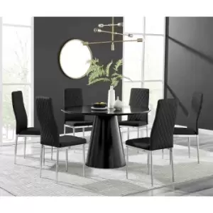 Furniture Box Palma Black Semi Gloss Round Dining Table and 6 Black Milan Chrome Leg Chairs