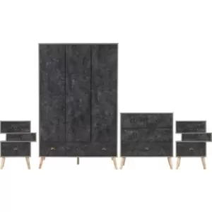 Seconique - Nordic Concrete Charcoal Effect 3 Door Wardrobe Bedroom Set 2 Man Delivery