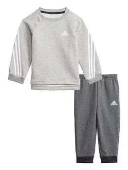 Boys, Adidas Infant Unisex 3 Stripe Crew & Jog Pant Set, Grey/Black, Size 3-4 Years