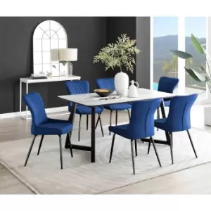 Furniture Box Carson White Marble Effect Dining Table and 6 Blue Nora Black Leg Chairs