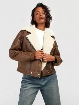 Boohoo Vintage Wash Aviator Jacket - Dark Tan, Brown, Size 10, Women