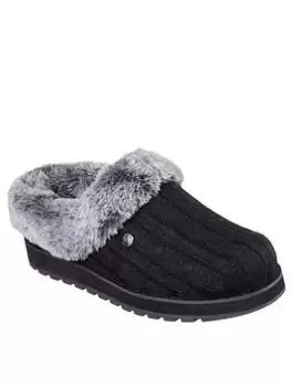 Skechers Keepsakes Sweater Slipper - Black Cable Knit Sweater/ Faux Fur Trim, Black, Size 4, Women