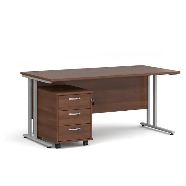 Maestro 25 Straight Desk Silver Frame Walnut Table Top and 3 Drawer Pedestal - 1600mm