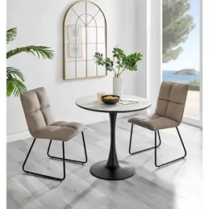 Furniture Box Elina White Marble Effect Round Dining Table and 2 Taupe Menen Chairs