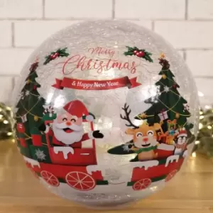 20cm Battery Operated Twinkling Warm White LED Crackle Effect Ball Christmas Decoration with Santa and Friends in Train